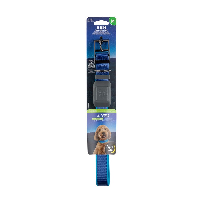 Nite Ize NiteDog Rechargeable LED Collar - Light Up Dog Collar with Durable Metal Buckle - Water-Resistant & Rechargeable Collar - Dog Supplies for Night Activities - Medium, Blue - Image 1